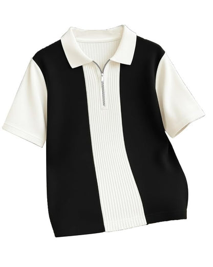 AUSK Men's Textured Vertical Striped Knit Polo T-Shirt | Half Sleeve Zipper Neck Self-Design Casual Tee | Mens Tshirts