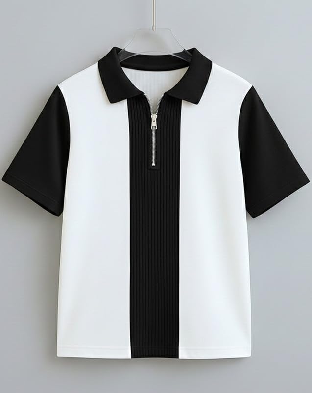 AUSK Men's Textured Vertical Striped Knit Polo T-Shirt | Half Sleeve Zipper Neck Self-Design Casual Tee | Mens Tshirts