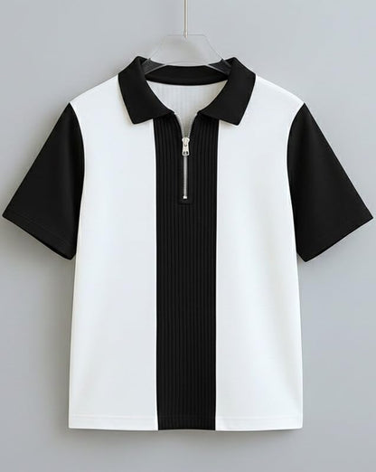 AUSK Men's Textured Vertical Striped Knit Polo T-Shirt | Half Sleeve Zipper Neck Self-Design Casual Tee | Mens Tshirts