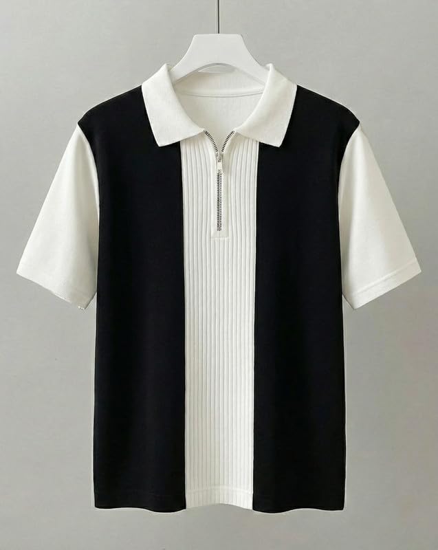 AUSK Men's Textured Vertical Striped Knit Polo T-Shirt | Half Sleeve Zipper Neck Self-Design Casual Tee | Mens Tshirts