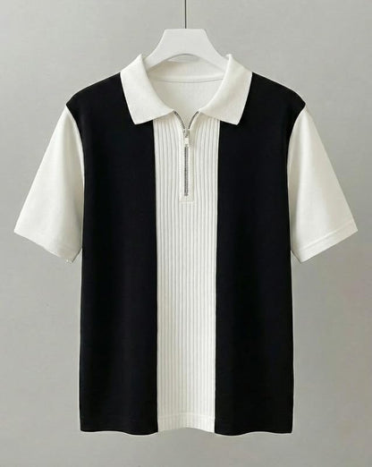 AUSK Men's Textured Vertical Striped Knit Polo T-Shirt | Half Sleeve Zipper Neck Self-Design Casual Tee | Mens Tshirts