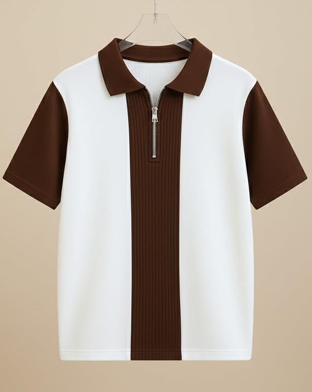 AUSK Men's Textured Vertical Striped Knit Polo T-Shirt | Half Sleeve Zipper Neck Self-Design Casual Tee | Mens Tshirts