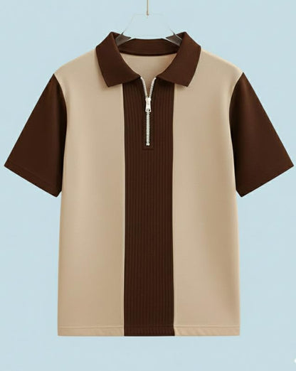 AUSK Men's Textured Vertical Striped Knit Polo T-Shirt | Half Sleeve Zipper Neck Self-Design Casual Tee | Mens Tshirts