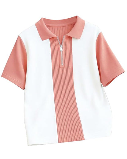 AUSK Men's Textured Vertical Striped Knit Polo T-Shirt | Half Sleeve Zipper Neck Self-Design Casual Tee | Mens Tshirts