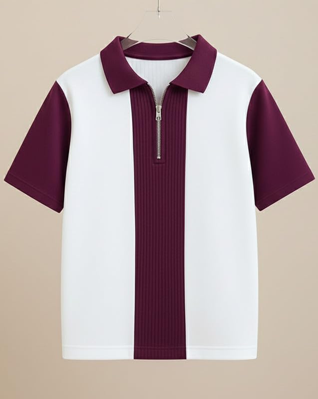 AUSK Men's Textured Vertical Striped Knit Polo T-Shirt | Half Sleeve Zipper Neck Self-Design Casual Tee | Mens Tshirts