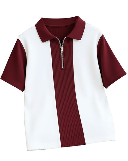 AUSK Men's Textured Vertical Striped Knit Polo T-Shirt | Half Sleeve Zipper Neck Self-Design Casual Tee | Mens Tshirts