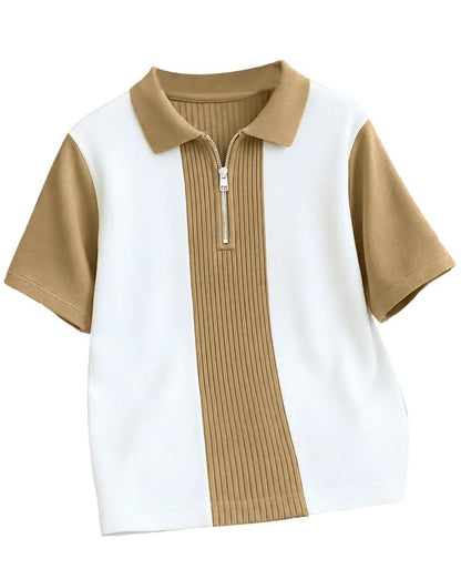 AUSK Men's Textured Vertical Striped Knit Polo T-Shirt | Half Sleeve Zipper Neck Self-Design Casual Tee | Mens Tshirts