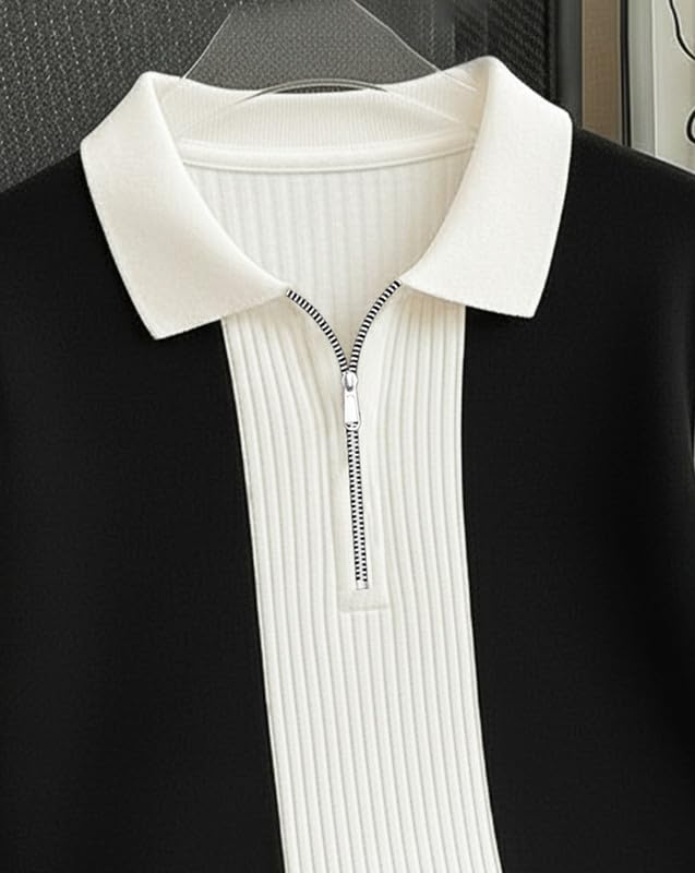 AUSK Men's Textured Vertical Striped Knit Polo T-Shirt | Half Sleeve Zipper Neck Self-Design Casual Tee | Mens Tshirts
