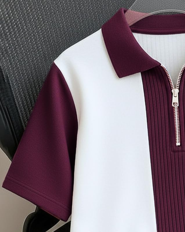 AUSK Men's Textured Vertical Striped Knit Polo T-Shirt | Half Sleeve Zipper Neck Self-Design Casual Tee | Mens Tshirts