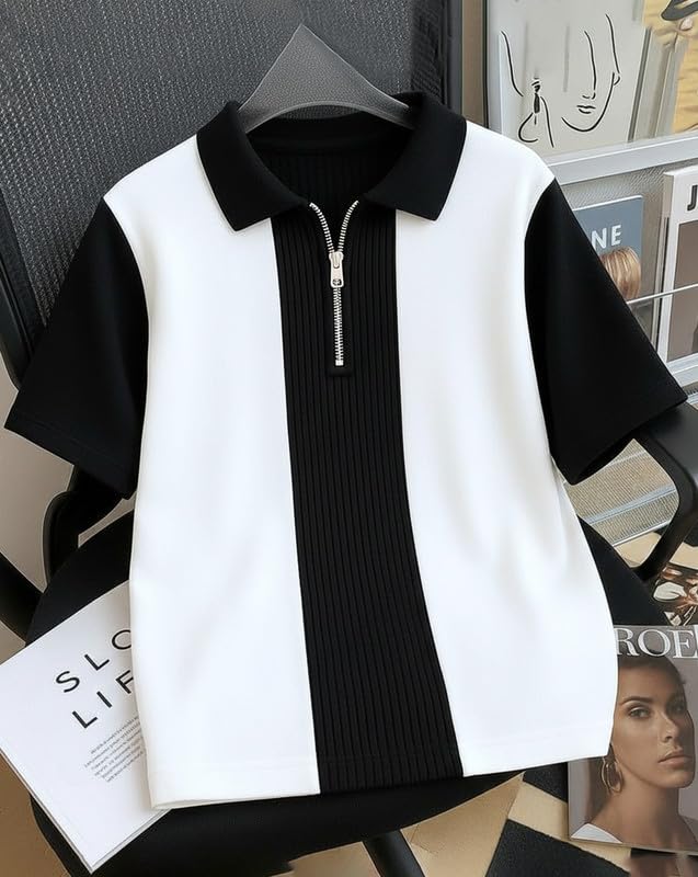 AUSK Men's Textured Vertical Striped Knit Polo T-Shirt | Half Sleeve Zipper Neck Self-Design Casual Tee | Mens Tshirts