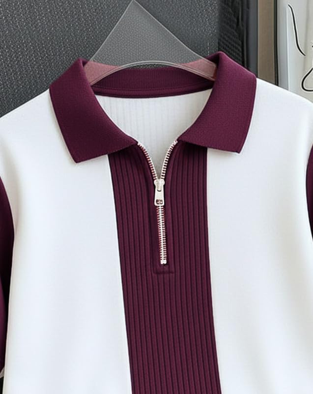 AUSK Men's Textured Vertical Striped Knit Polo T-Shirt | Half Sleeve Zipper Neck Self-Design Casual Tee | Mens Tshirts