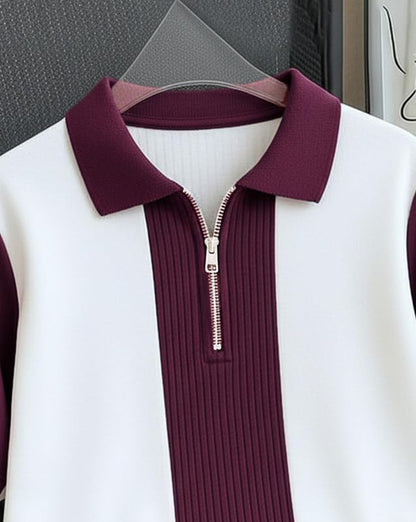 AUSK Men's Textured Vertical Striped Knit Polo T-Shirt | Half Sleeve Zipper Neck Self-Design Casual Tee | Mens Tshirts