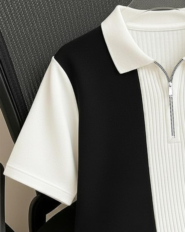 AUSK Men's Textured Vertical Striped Knit Polo T-Shirt | Half Sleeve Zipper Neck Self-Design Casual Tee | Mens Tshirts
