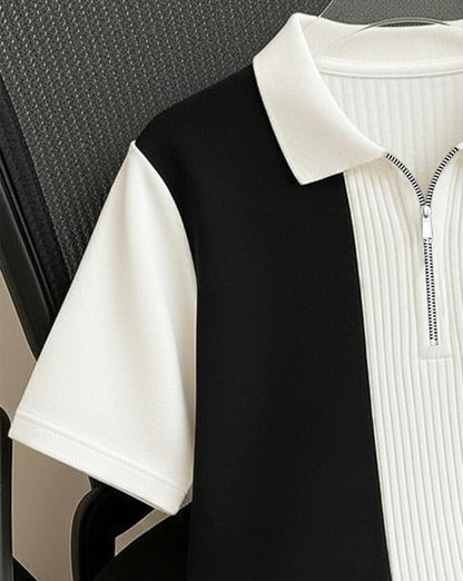 AUSK Men's Textured Vertical Striped Knit Polo T-Shirt | Half Sleeve Zipper Neck Self-Design Casual Tee | Mens Tshirts