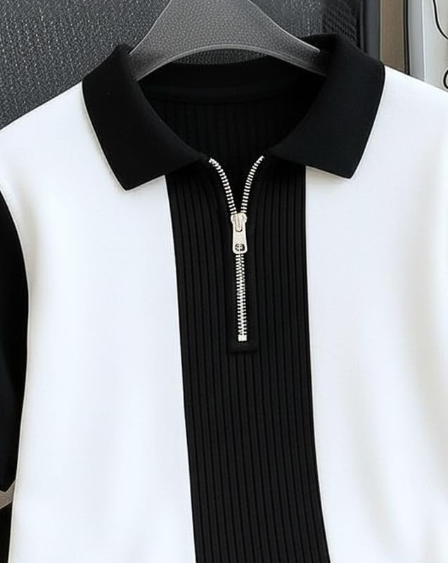 AUSK Men's Textured Vertical Striped Knit Polo T-Shirt | Half Sleeve Zipper Neck Self-Design Casual Tee | Mens Tshirts