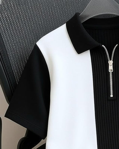AUSK Men's Textured Vertical Striped Knit Polo T-Shirt | Half Sleeve Zipper Neck Self-Design Casual Tee | Mens Tshirts