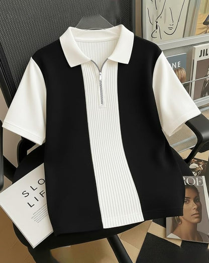AUSK Men's Textured Vertical Striped Knit Polo T-Shirt | Half Sleeve Zipper Neck Self-Design Casual Tee | Mens Tshirts