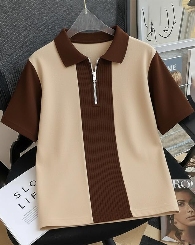 AUSK Men's Textured Vertical Striped Knit Polo T-Shirt | Half Sleeve Zipper Neck Self-Design Casual Tee | Mens Tshirts
