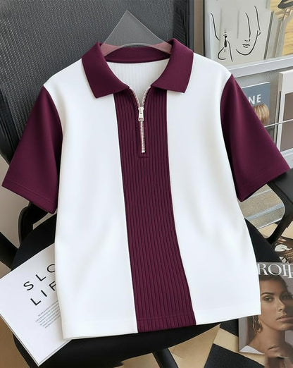 AUSK Men's Textured Vertical Striped Knit Polo T-Shirt | Half Sleeve Zipper Neck Self-Design Casual Tee | Mens Tshirts