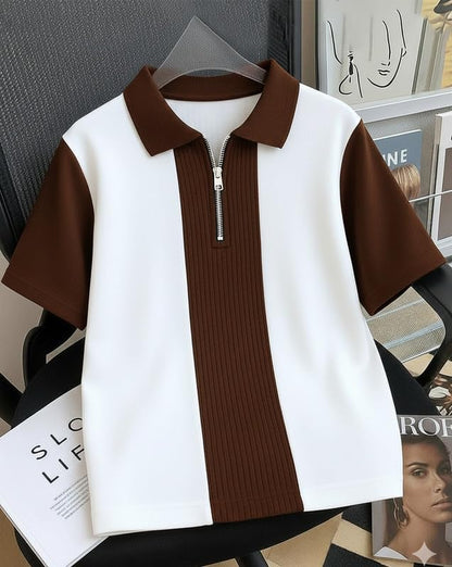 AUSK Men's Textured Vertical Striped Knit Polo T-Shirt | Half Sleeve Zipper Neck Self-Design Casual Tee | Mens Tshirts