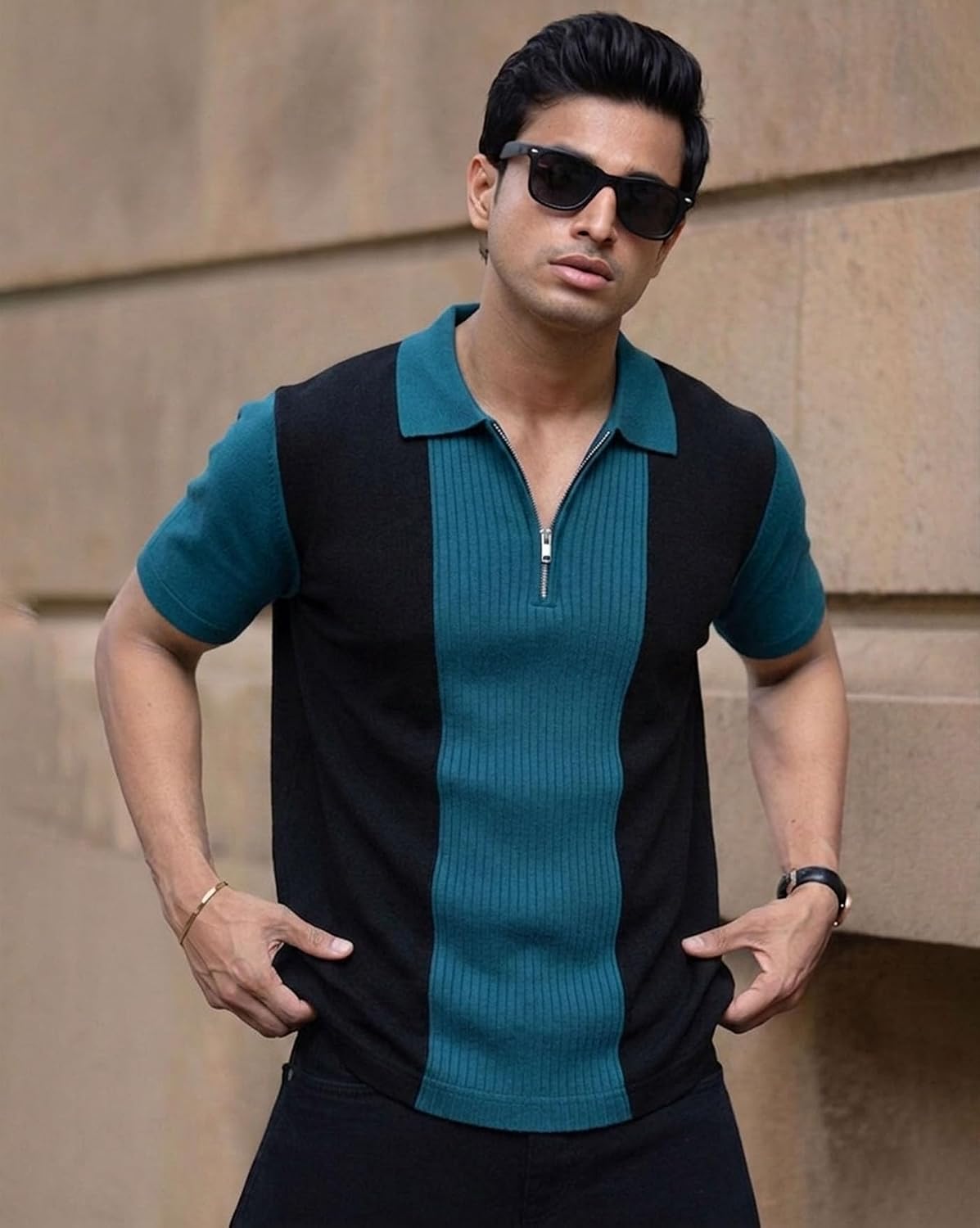 AUSK Men's Textured Vertical Striped Knit Polo T-Shirt | Half Sleeve Zipper Neck Self-Design Casual Tee | Mens Tshirts