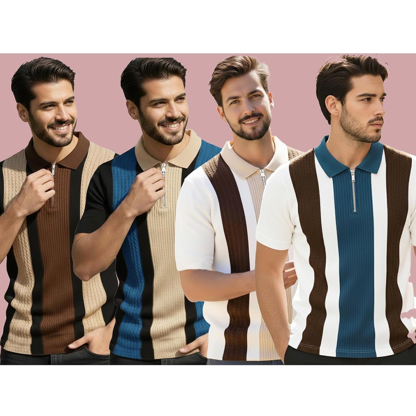 AUSK Men's Textured Vertical Striped Knit Polo T-Shirt | Half Sleeve Zipper Neck Self-Design Casual Tee | Mens Tshirts