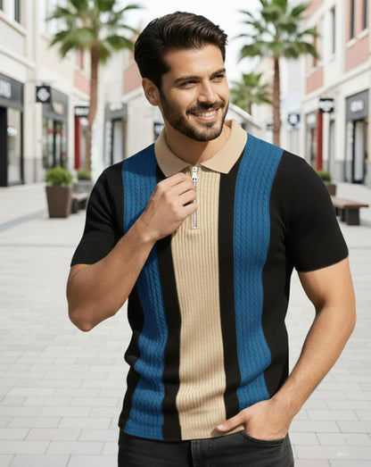 AUSK Men's Textured Vertical Striped Knit Polo T-Shirt | Half Sleeve Zipper Neck Self-Design Casual Tee | Mens Tshirts