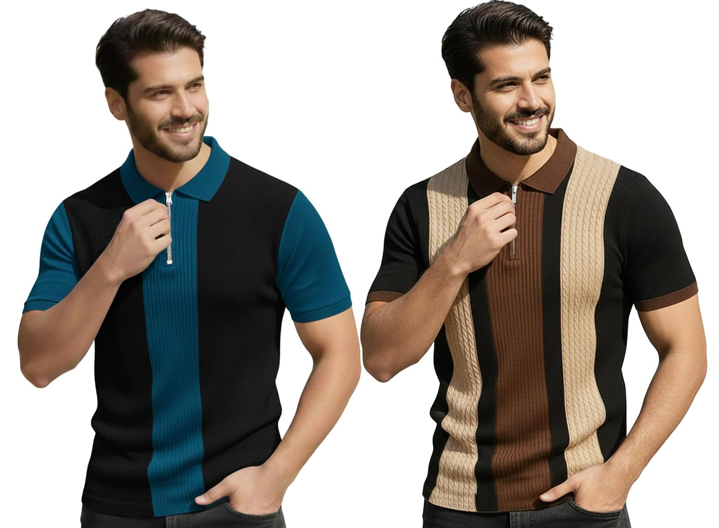 AUSK Men's Textured Vertical Striped Knit Polo T-Shirt | Half Sleeve Zipper Neck Self-Design Casual Tee | Mens Tshirts