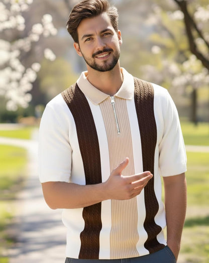 AUSK Men's Textured Vertical Striped Knit Polo T-Shirt | Half Sleeve Zipper Neck Self-Design Casual Tee | Mens Tshirts