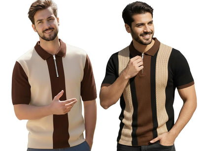 AUSK Men's Textured Vertical Striped Knit Polo T-Shirt | Half Sleeve Zipper Neck Self-Design Casual Tee | Mens Tshirts
