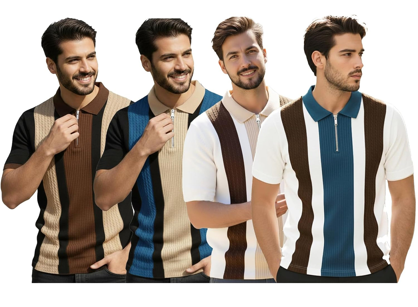 AUSK Men's Textured Vertical Striped Knit Polo T-Shirt | Half Sleeve Zipper Neck Self-Design Casual Tee | Mens Tshirts