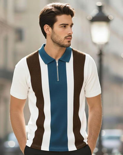 AUSK Men's Textured Vertical Striped Knit Polo T-Shirt | Half Sleeve Zipper Neck Self-Design Casual Tee | Mens Tshirts