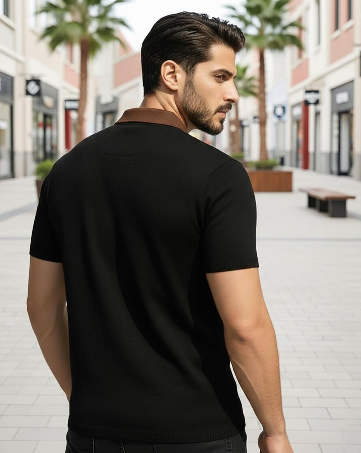 AUSK Men's Textured Vertical Striped Knit Polo T-Shirt | Half Sleeve Zipper Neck Self-Design Casual Tee | Mens Tshirts