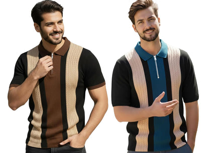 AUSK Men's Textured Vertical Striped Knit Polo T-Shirt | Half Sleeve Zipper Neck Self-Design Casual Tee | Mens Tshirts