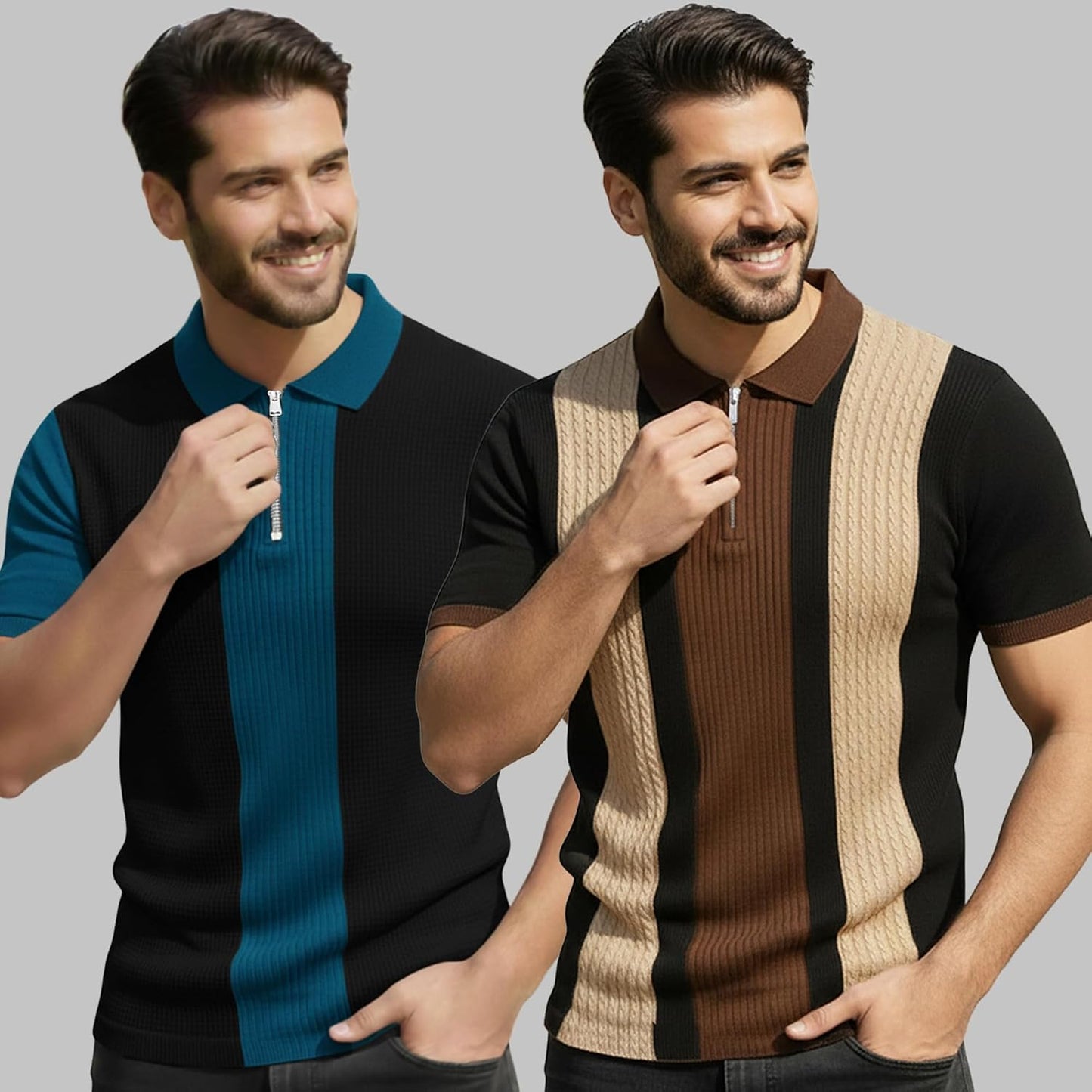 AUSK Men's Textured Vertical Striped Knit Polo T-Shirt | Half Sleeve Zipper Neck Self-Design Casual Tee | Mens Tshirts