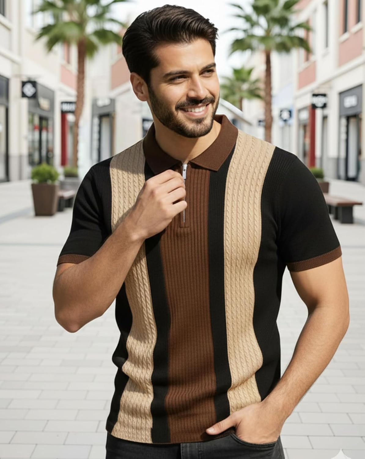 AUSK Men's Textured Vertical Striped Knit Polo T-Shirt | Half Sleeve Zipper Neck Self-Design Casual Tee | Mens Tshirts