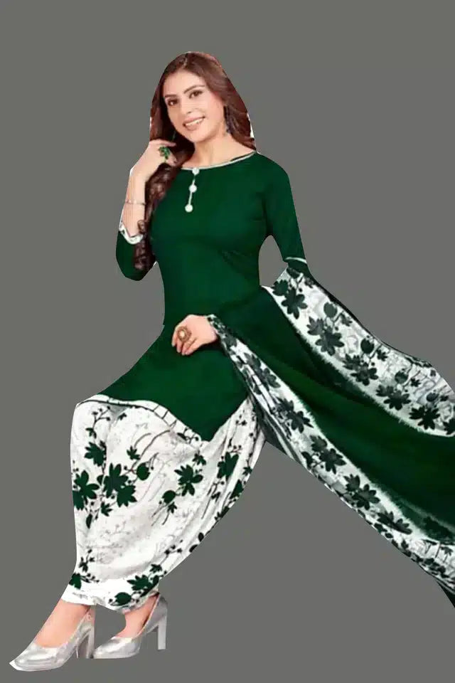 Women's Crepe Printed Dress Material Set | Unstitched Salwar Suit with Dupatta | White & Green